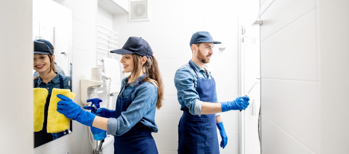Couple as a professional cleaners in the bathroom Couple as a professional cleaners in blue uniform cleaning bathroom. Cleaning service concept